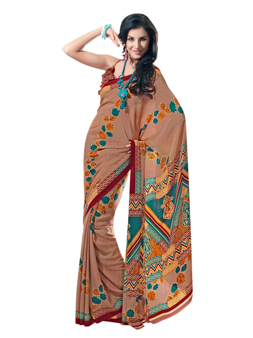 Prafful Maroon Crepe Printed Saree