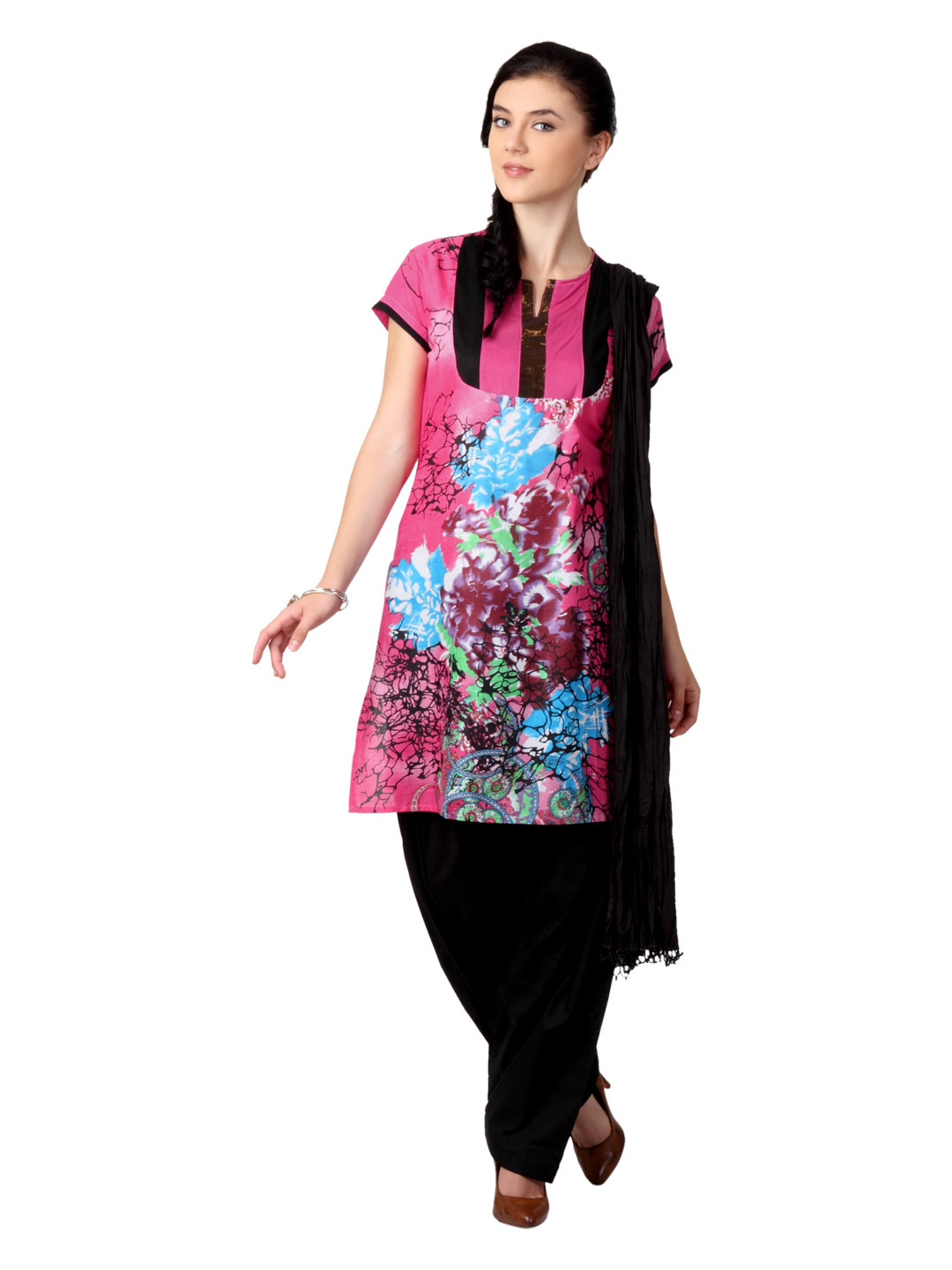 Shree Women Pink & Black Printed Salwar Suit with Dupatta